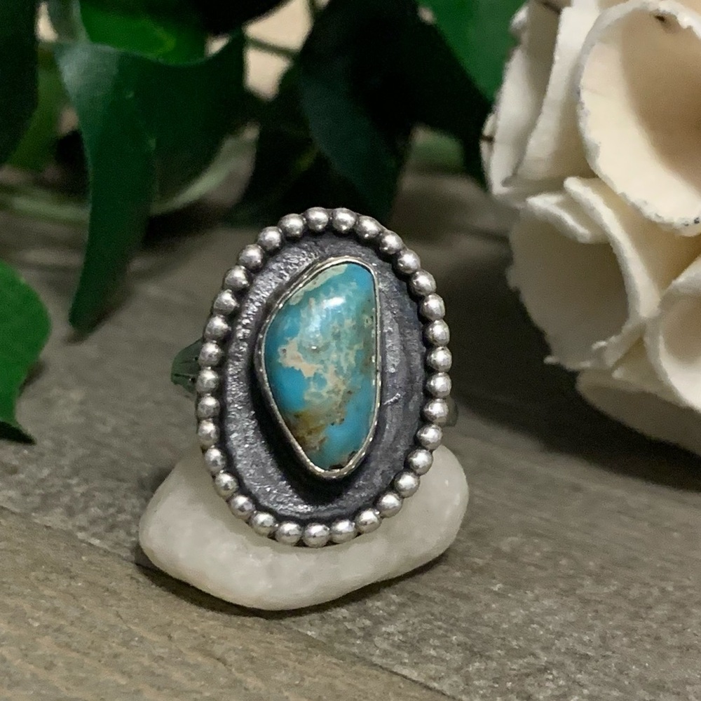 Vintage Sterling Silver Southwestern Style Turquoise Ring Size 8.5+